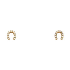 Real 14k Yellow Gold CZ Horse Shoe Lucky Screw Back Stud Earrings Girls Kids