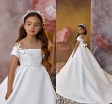 Pearls Lace Satin Flower Girl Dresses Short Sleeves Little Girl's Birthday Gowns