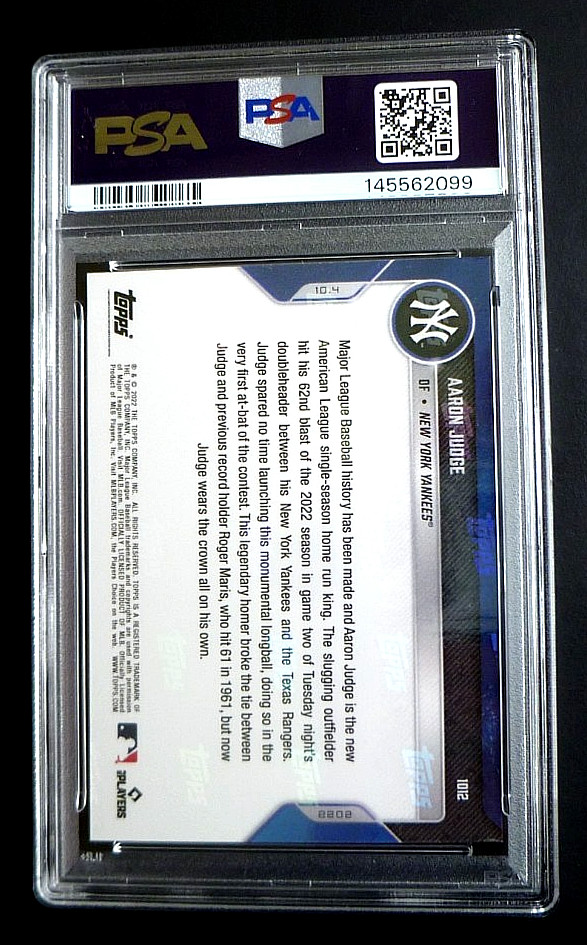 2022 TOPPS NOW AARON JUDGE #1012  PSA 10 GEM MINT  "SETS AL RECORD WITH 62nd HR" view 3