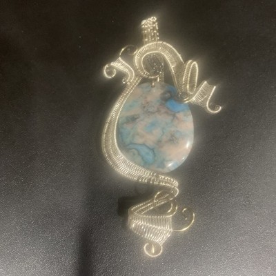 Silver Tone Agate Blue Grey Beaded Hand Made wire Wrapped Pendant