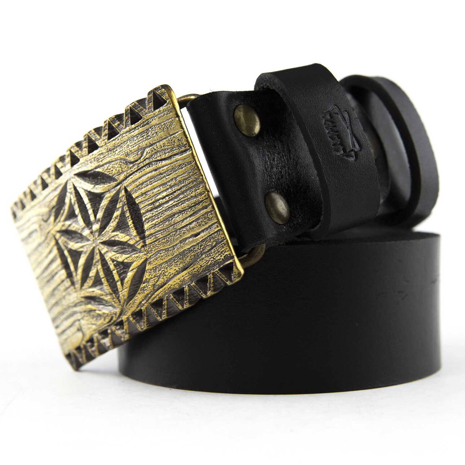 Leather belt with brass buckle Engraved, Ukrainian carvings style belt buckle-image