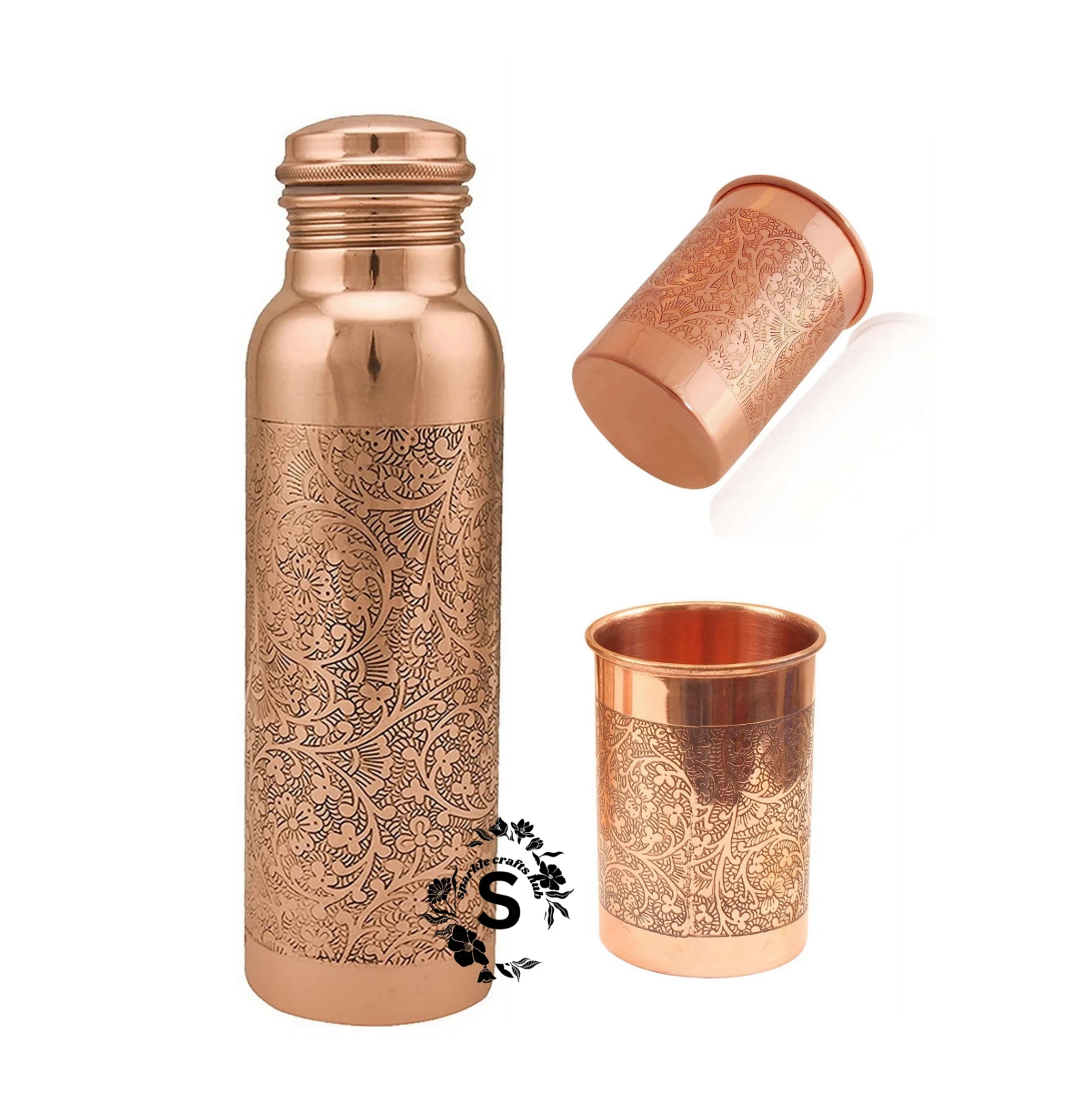Vintage Embossed Design Pure Copper Bottle With 2 Copper Tumbler Office Gifts