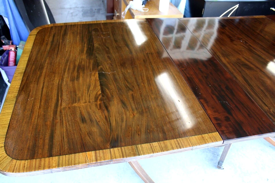 Antigua mesa de comedor Regency triple pedestal caoba madera satinada banquete Foto 4 de 4