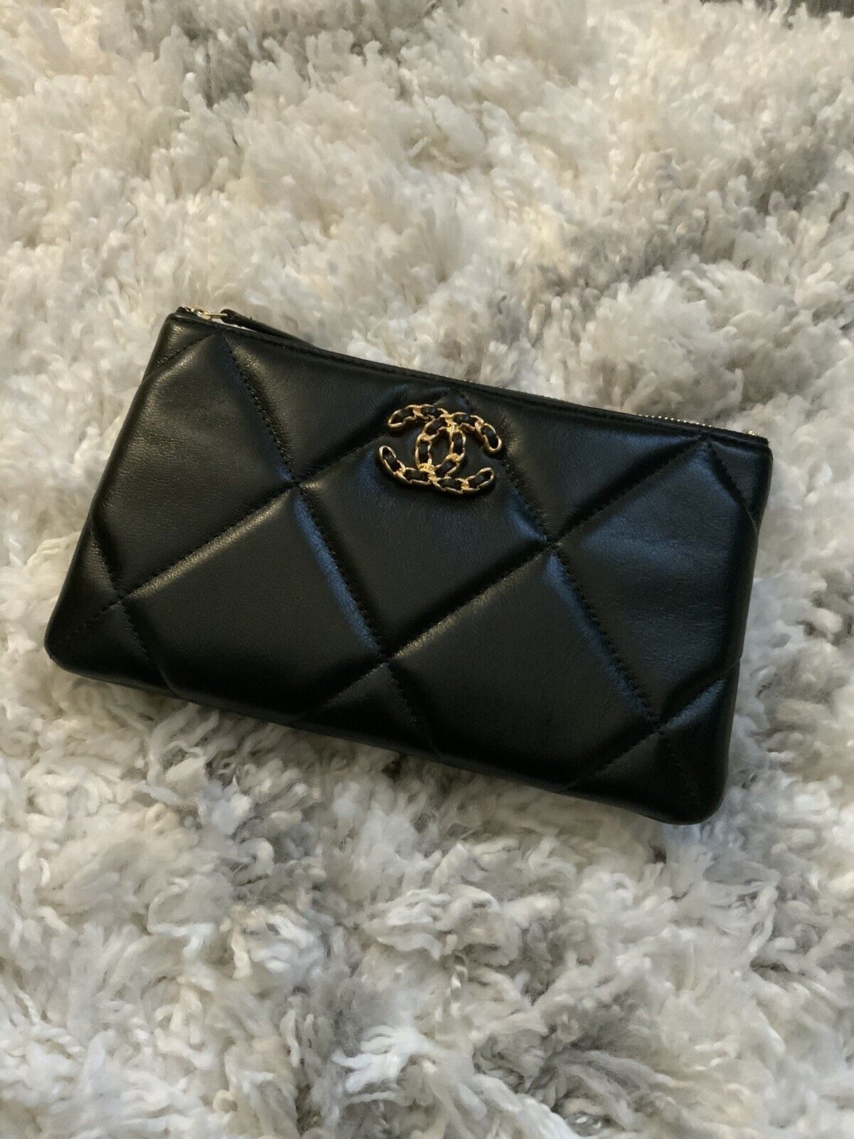 CHANEL Shiny Goatskin Quilted Small Chanel 19 Pouch With Handle Black  643415