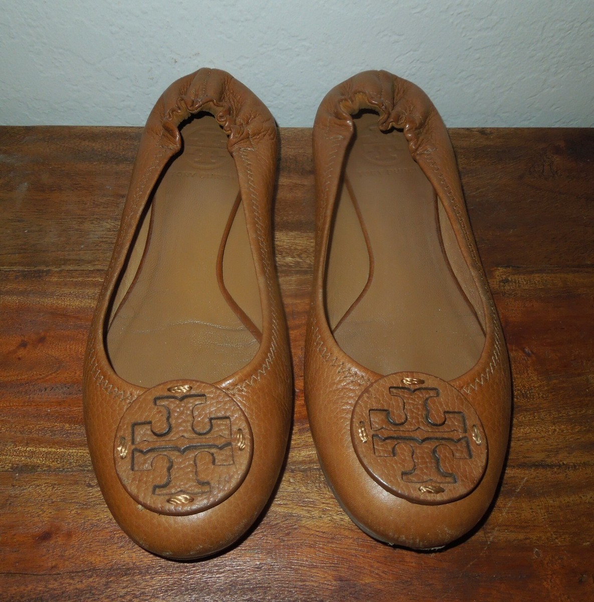 Tory Burch Royal Tan Pebble Leather Flats Shoes