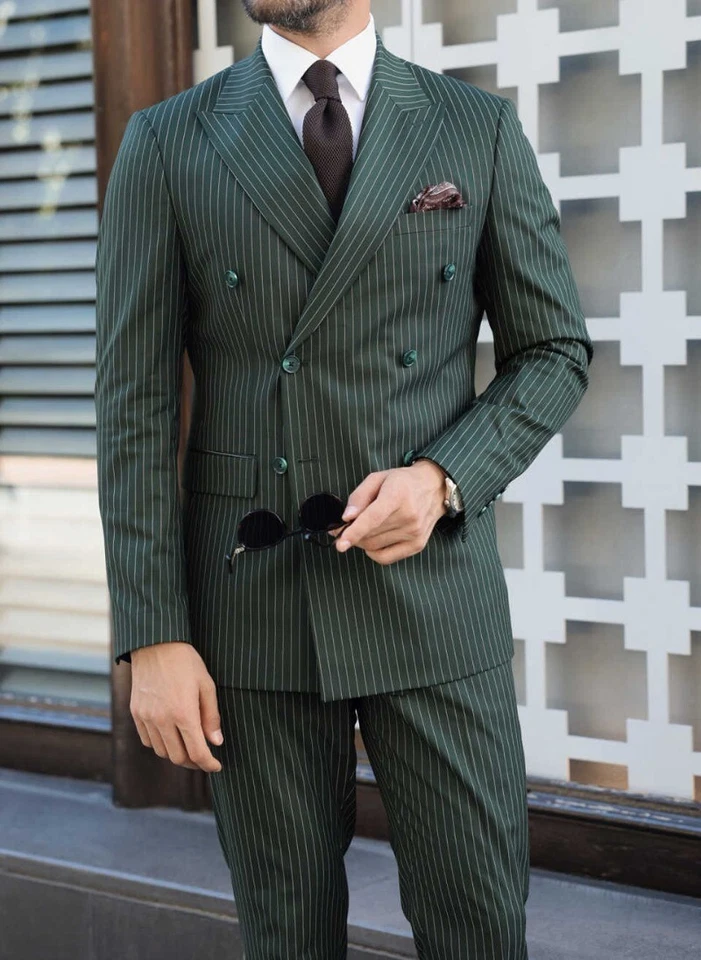 Men's Dark Green British Striped Suit Single Breasted Notch Lapel Suits 3pcs Set - Image 3 of 4