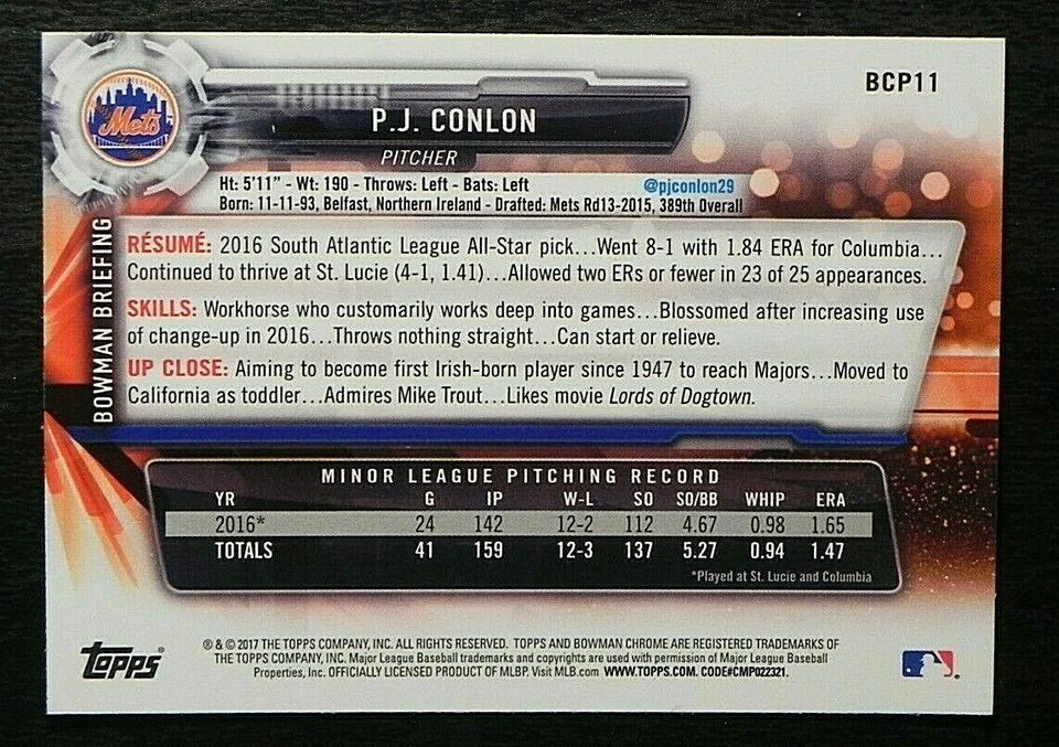 2017 Bowman Chrome Prospects BCP11 P.J. Conlon New York Mets 1st Bowman - Image 2 of 2