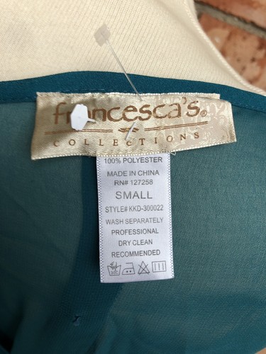 Francescas Collection Womens Sz Small Green Dress Teal Ruffle Sheer Gold Buttons - Picture 12 of 12