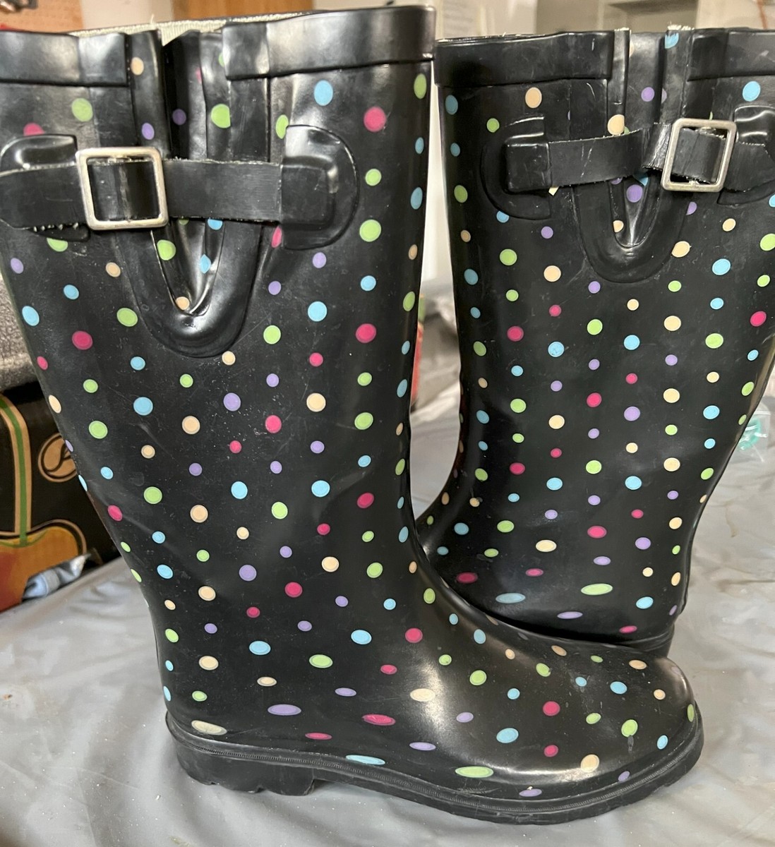 Merona Women's Black Polka Dot Tall Rain Boots size 7 Rubber