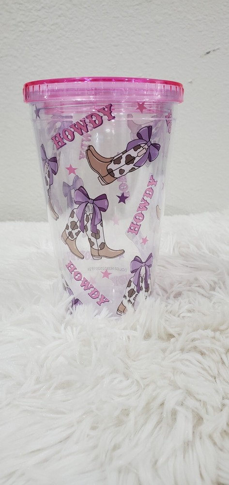 Howdy Pink Hat Boots & Bows 15oz Travel Tumbler Sipper Cup  