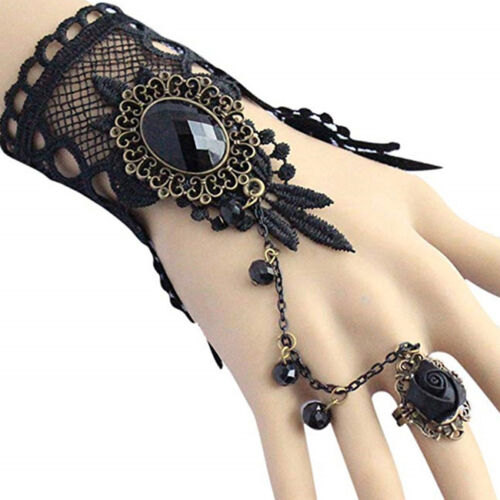 Lace Slave Bracelet Beaded Flower Ring Women Cuff Wrist Steampunk Gothic FI - Afbeelding 1 van 6