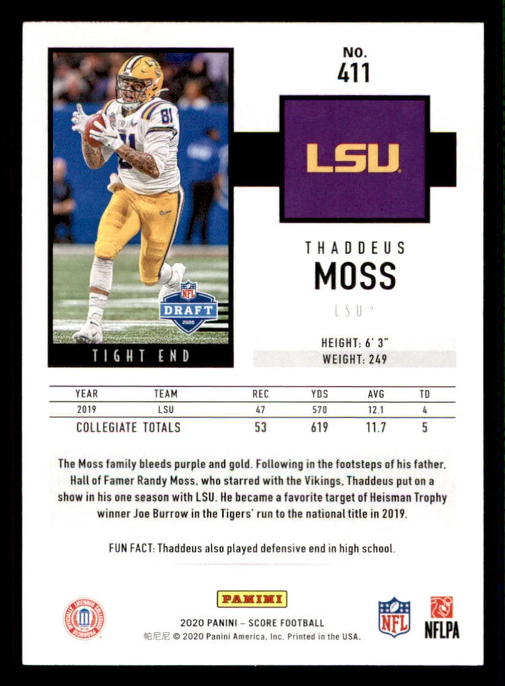 2020 Score #411 Thaddeus Moss RC - Image 2 of 2