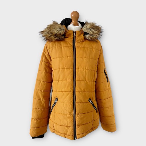 Chaqueta Papaya Matalan Talla 14 Amarillo Mostaza Imitación Piel Capucha Puffer Acolchada LEER - Imagen 2 de 12