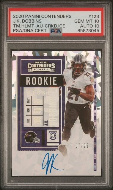 J.K. Dobbins 2020 Panini Contenders Cracked Ice Auto /22 PSA 10 Rookie RC