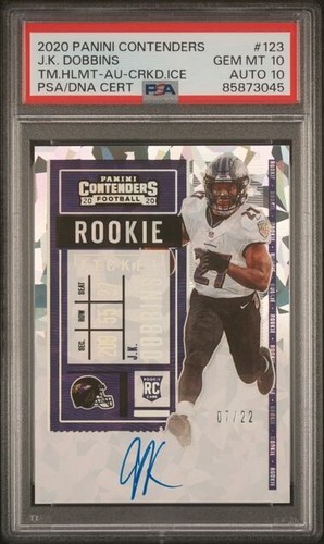 J.K. Dobbins 2020 Panini Contenders Cracked Ice Auto /22 PSA 10 Rookie RC