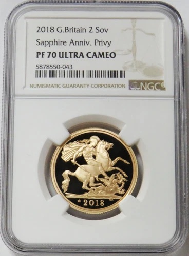 2018 GOLD GREAT BRITAIN 2 SOVEREIGN SAPPHIRE ANNIVERSARY PRIVY COIN NGC PF 70UC