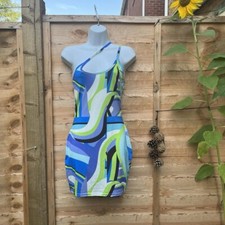 PLT Pretty Little Thing Blue Abstract Print Slinky Bodycon Mini Dress UK Size 8