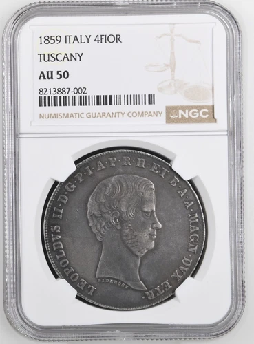 ITALY / ITALIAN STATES  TUSCANY  1859  4 FIORINI SILVER COIN NGC CERTIFIED AU50