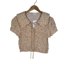 ELODIE Floral Crop Top Size L Yellow Smocked Collar Boho Peasant Feminine NWT