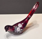 VINTAGE FENTON HAND PAINTED RUBY RED GLASS BIRD OF HAPPINESS ARTIST SIGNED 6.5"