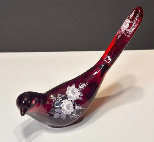 VINTAGE FENTON HAND PAINTED RUBY RED GLASS BIRD OF HAPPINESS ARTIST SIGNED 6.5"