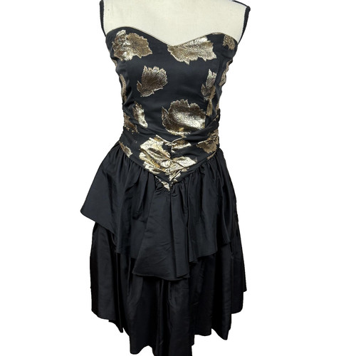 Gunne Sax, Vtg Gunne Sax Jessica McClintock Dress Sz 9 Black Gold Ruffle 80s Basque Waist