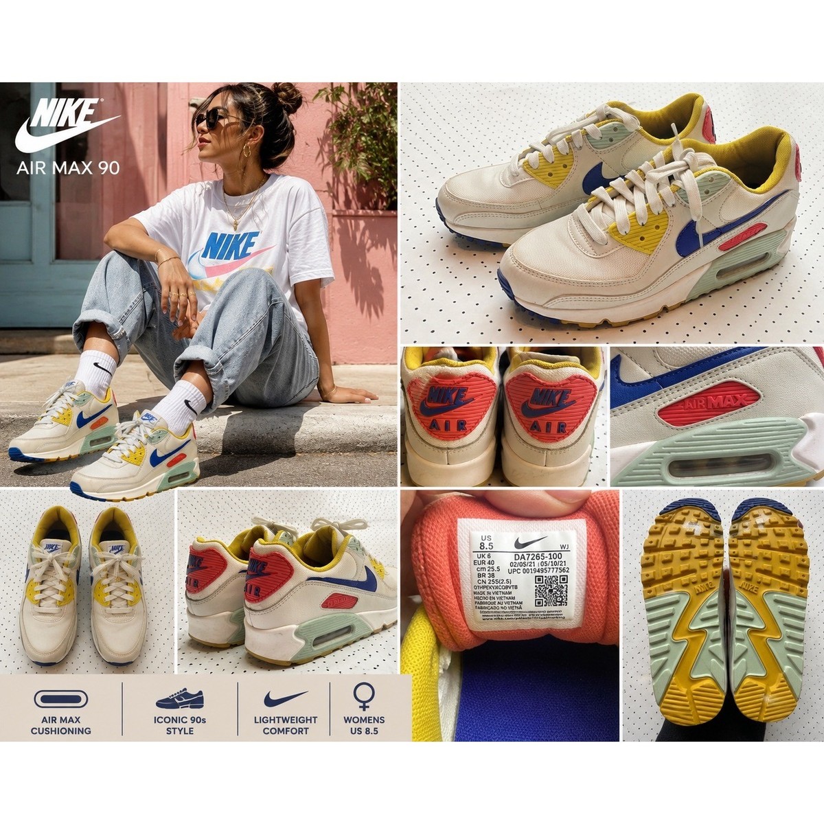 Nike Air Max 90 Womens 8.5 Cream Blue Yellow Pink Colorblock DA7265-100 Sneaker — product photo 1 of 10