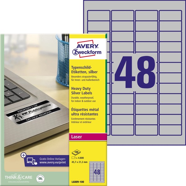 2-12X Avery Zweckform Typenschild-Etiketten, 45,7 X 21,2Mm, Silber Mengenrabatt-image