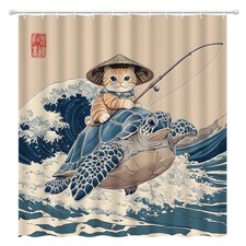 Japanese Cat Shower Curtain Cute Cat Riding Turtle 70"W x 70"L Pack of 1 