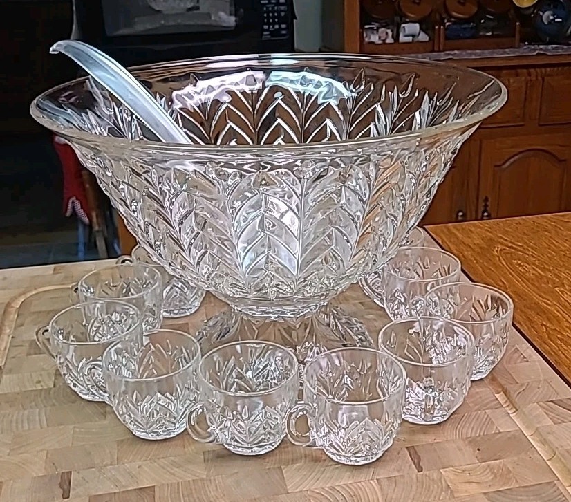 Vintage Cut Glass Large Punch Bowl Set with Pedestal 12 Glasses and Ladle