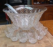Vintage Cut Glass Large Punch Bowl Set with Pedestal 12 Glasses and Ladle