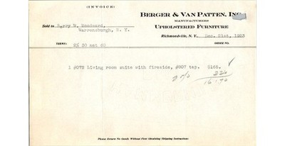 1923 Berger & Van Patten Invoice Hammermill Bond NY Furniture Suite Warrensburg