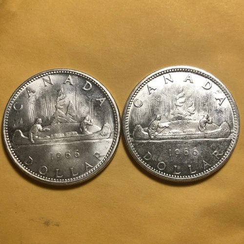 Canada $1 Silver Dollar 1966 Canoe Design Lot of 2. 80% Silver Queen Elizabeth