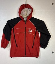 Vtg Old Navy Brand Hooded Windbreaker Kids Sz L Red Black 94 Logo Zipup Chest 36