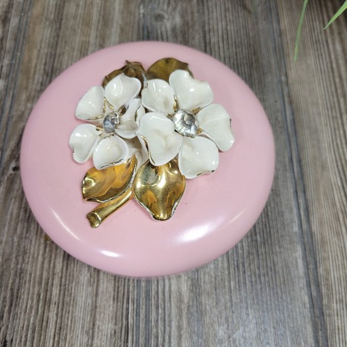 Vintage Powder or Trinket Box, Pink Ceramic Round, Flowers & Rhinestones - 第 2/7 張圖片