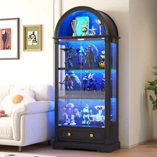 Arched Storage Cabinet with Glass Doors & Drawers, Curio Cabinet with LED Lights