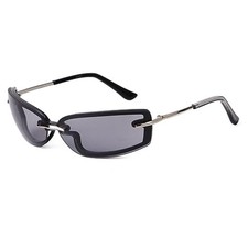 Y2K Rectangle Sunglasses for Women Men, Wrap Around Rimless Glasses Black