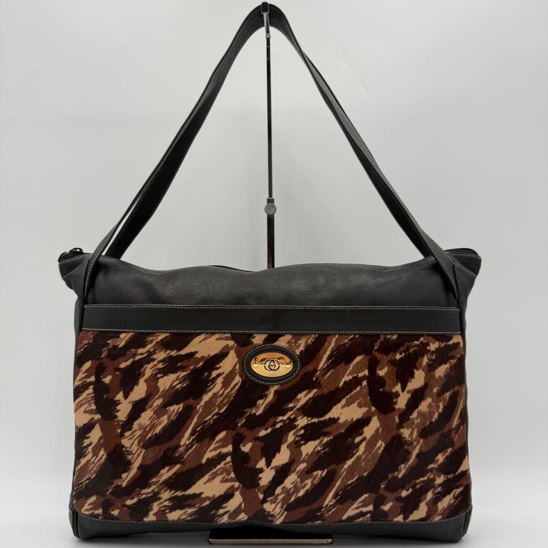 GUCCI Vintage GG Interlocking Leather Tote Bag Leopard Brown Excellent thumbnail 3