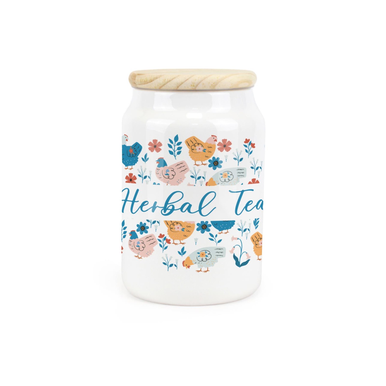 Ceramic Tapered Botanical Chickens Canister - Herbal Tea Storage Container