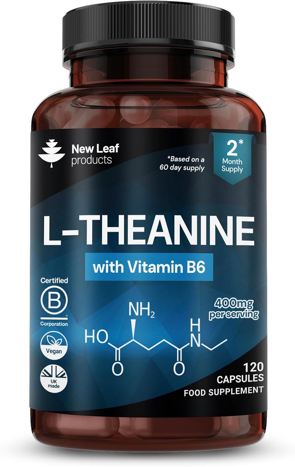 L-Theanine 400mg 120 Vegan Capsules with Vitamin B6, 2-Month Supply, Made in UK