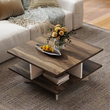2-Tier Square Coffee Table w/ Storage Farmhouse Modern Accent Table Center Table