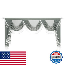 Vogol 79 Wide Grey Sheer Waterfall Valance Modern Silky Window Topper Tassels