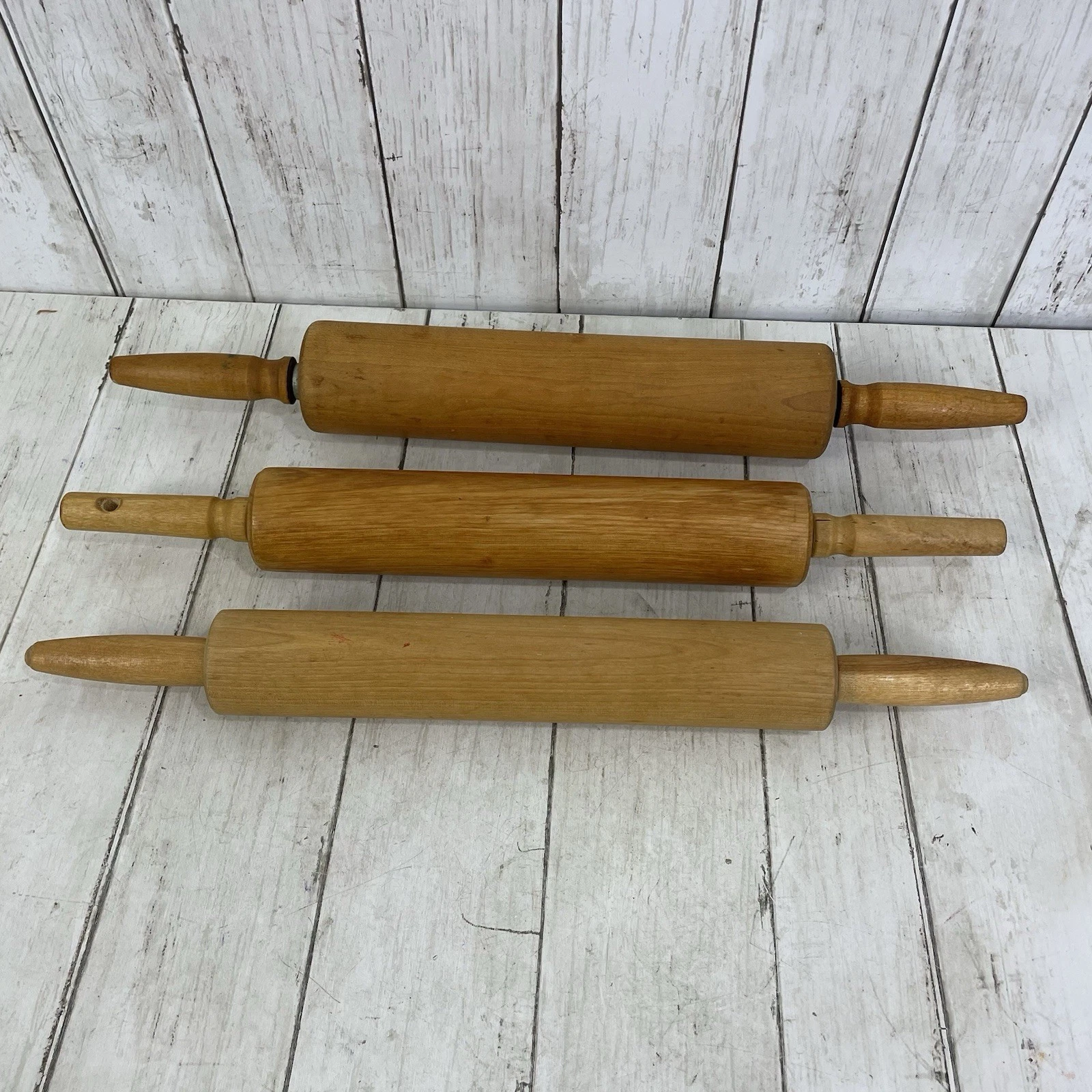 Lot of 3 Wooden Rolling Pins w/ Handles Vintage Farmhouse Kitchen Decor