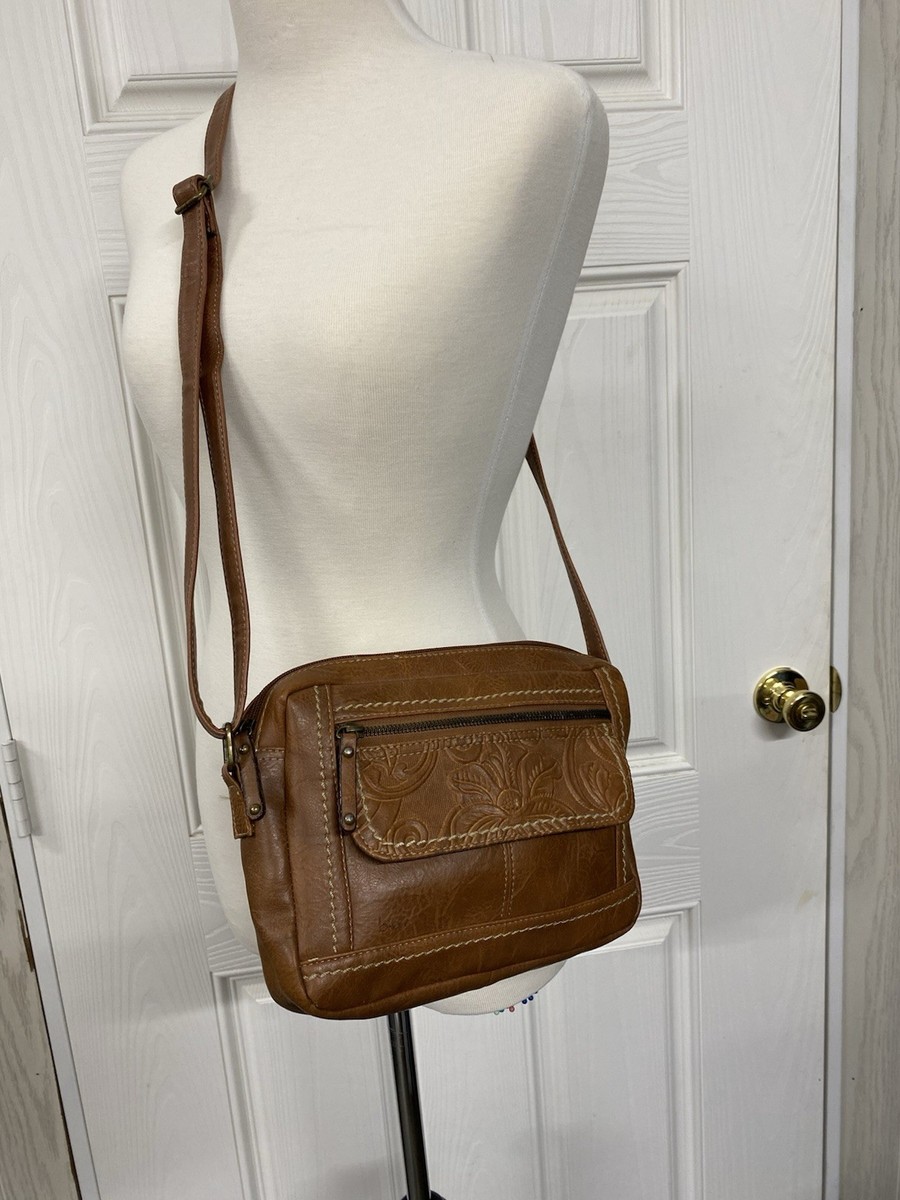 boc born concept tooled leather handbag, shoulder bag, Crossbody Saddle  Brown