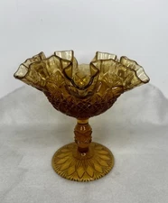 VINTAGE!  FENTON Amber Glass Ruffled Edge Thumbprint Pedestal Compote Candy Dish