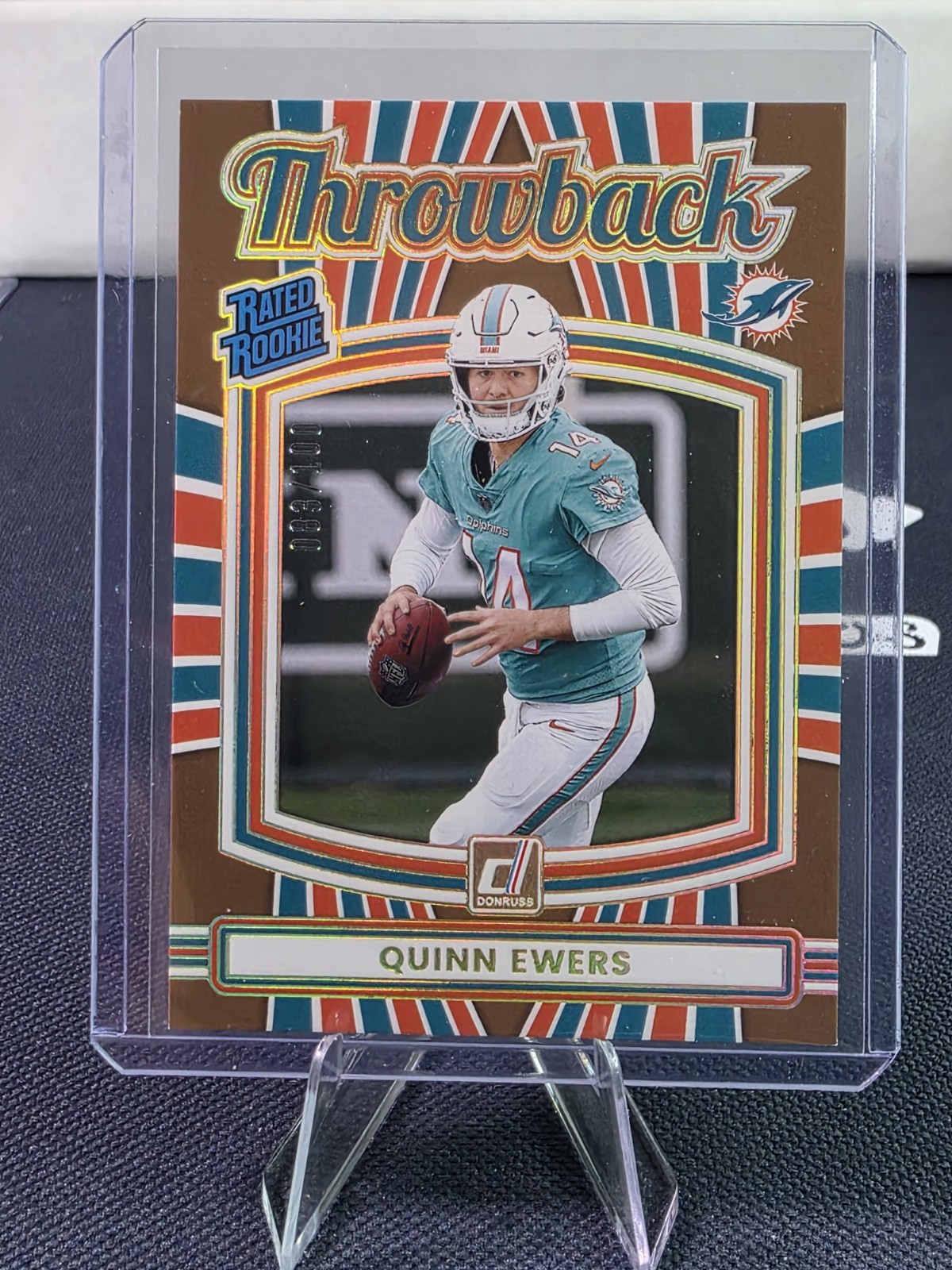 2025 Panini Donruss Rated Rookie Throwback Quinn Ewers RC /100 Miami Dolphins
