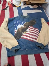 Vtg International Denim American Flag Eagle Keep ‘Em Flying  XL Varsity Jacket