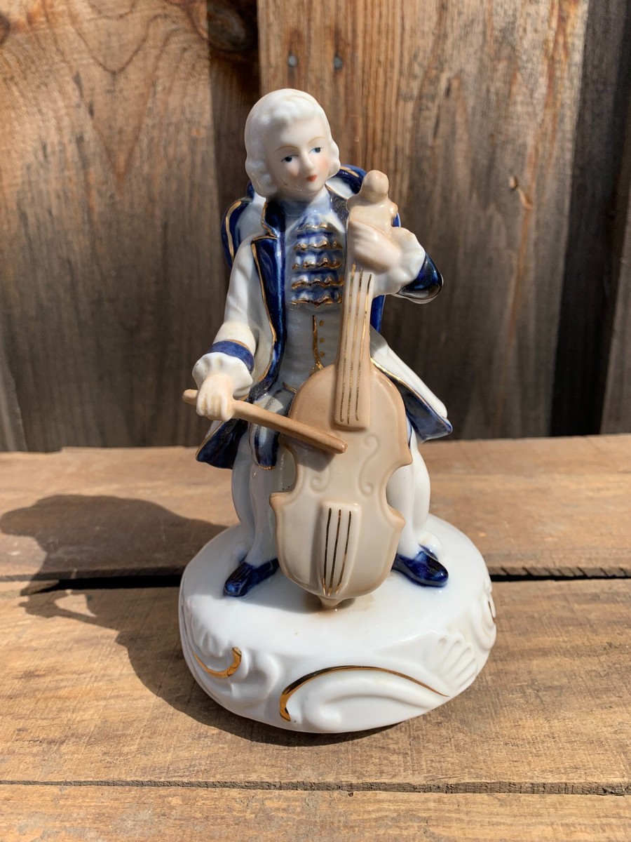 チェロ様 Victorain Man Playing Cello Musical Figurine Porcelain Japan Blue