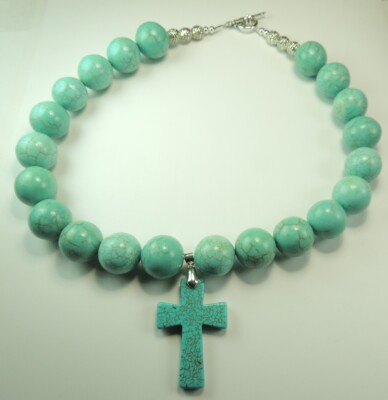 Bold Turquoise Howlite Necklace with Howlite Cross Statement Handcrafted Jewelry