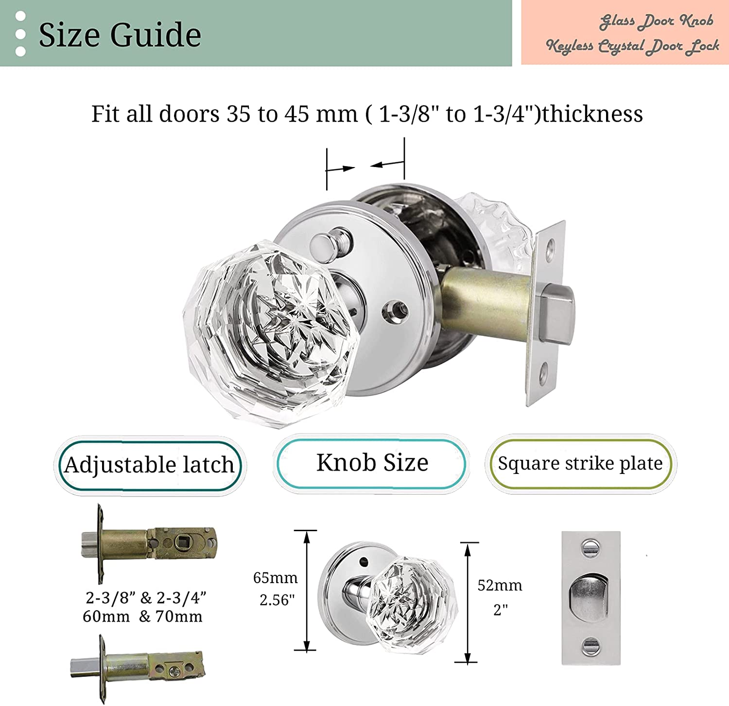 1 Pack Polished Chrome Glass Door Knob with Lock Crystal Style,Privacy